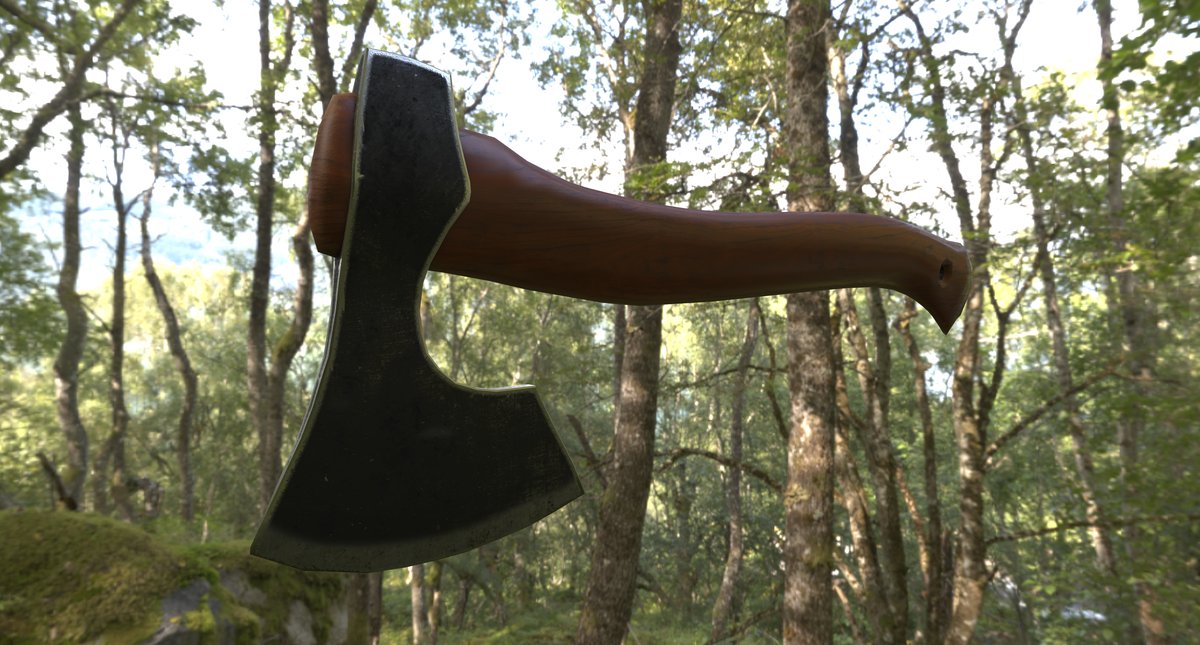 3D axe model with wooden handle and steel blade