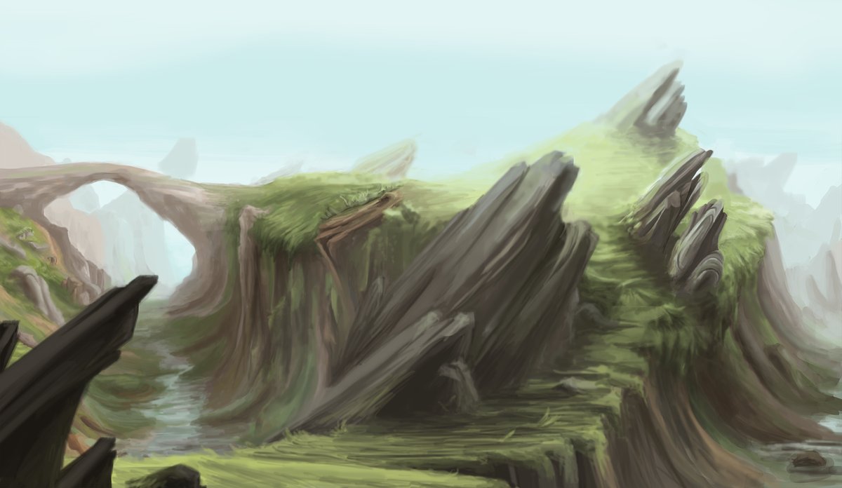 Digital painting of a grass valley landscape