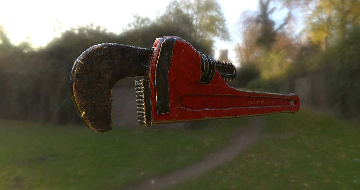 3D pipe wrench model with worn metal texture