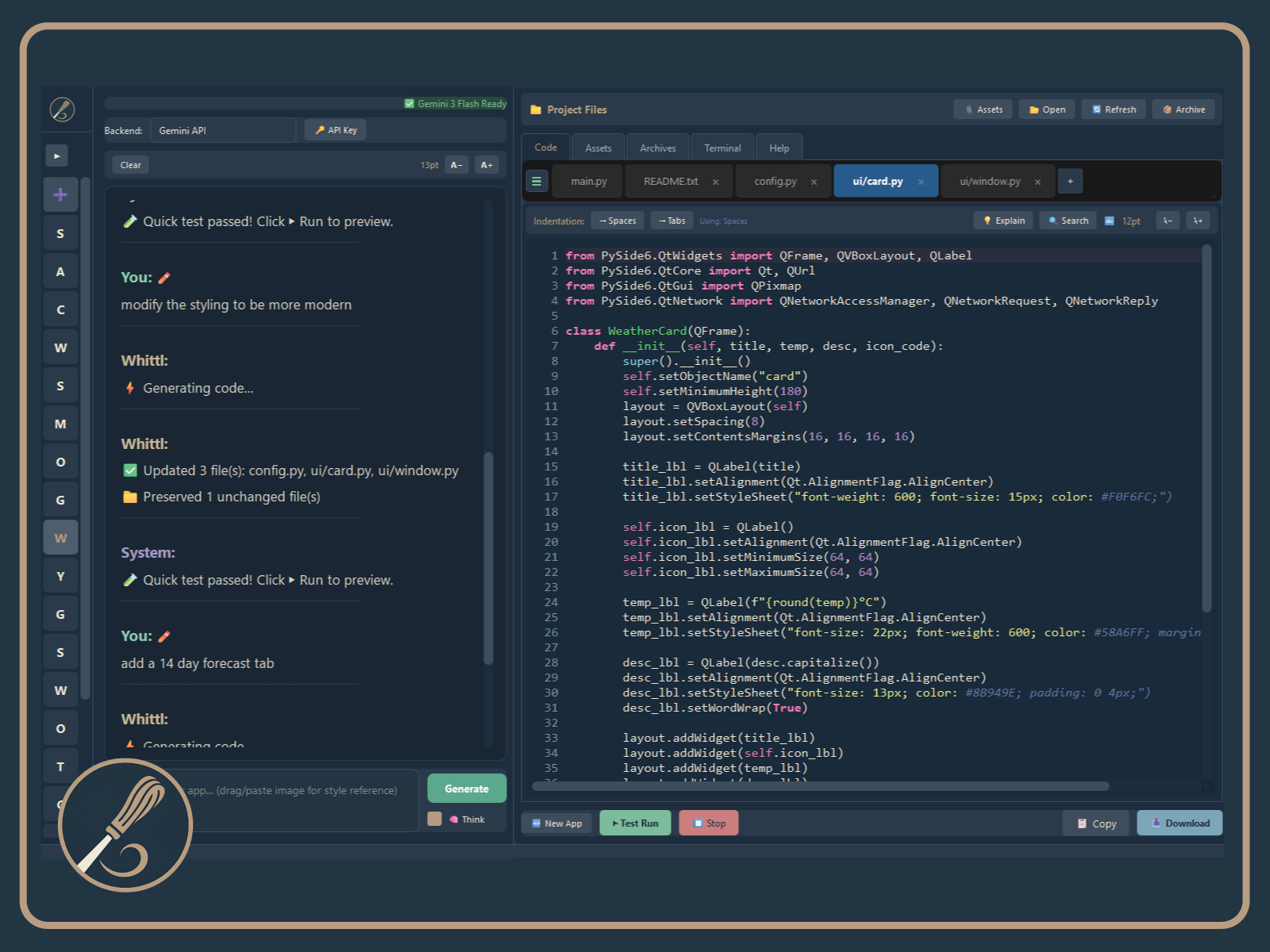 Whittl main interface with code editor and chat panel