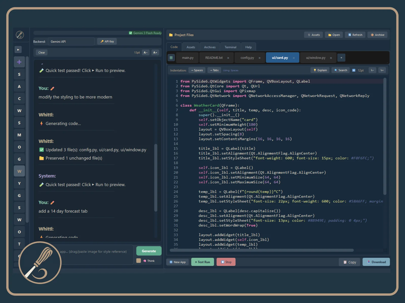 Whittl main interface with code editor and chat panel
